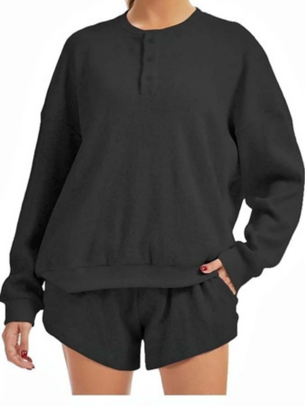 Black Long Sleeve Waffle Knit Henley + Matching Shorts, Large